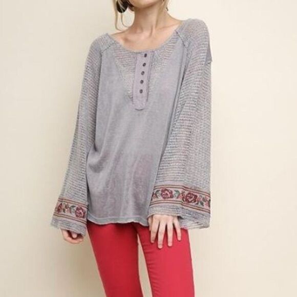 Scoop Neck with Floral Embroidered Bell Sleeves - Picture 1 of 1